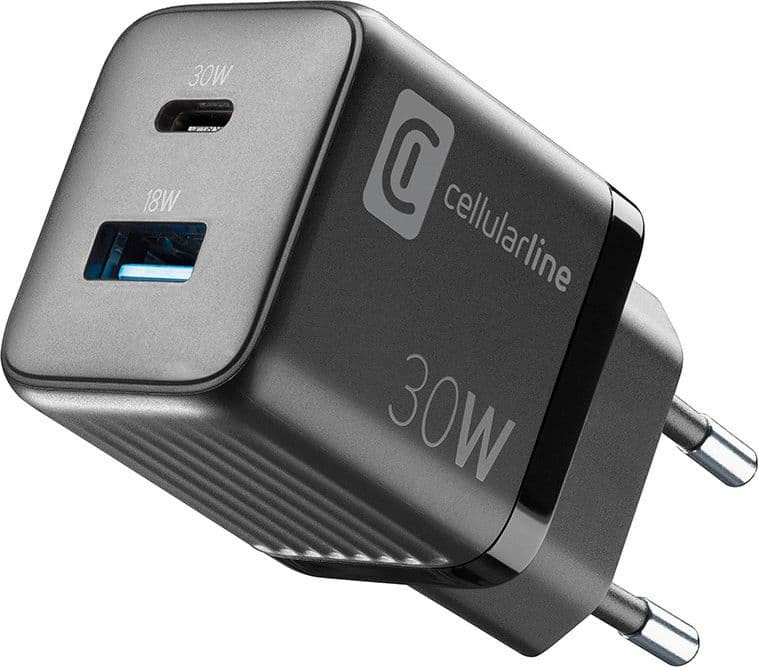 Cellularline Multipower Micro GaN - USB-C & USB-A Power Delivery 30W mains charger (black)