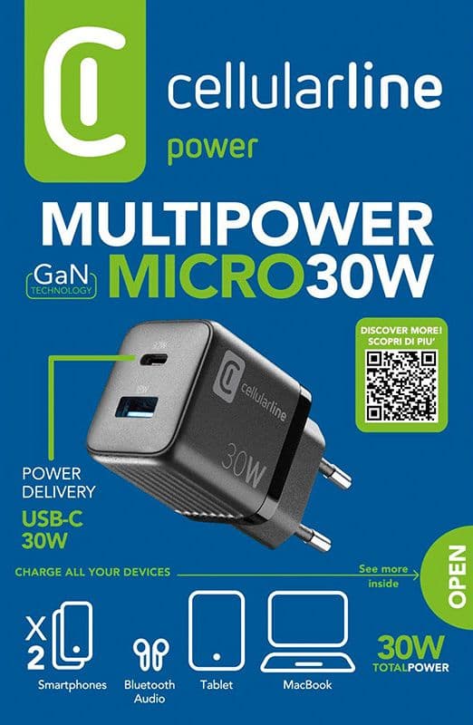 Cellularline Multipower Micro GaN - USB-C & USB-A Power Delivery 30W mains charger (black) - 6