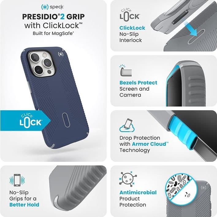 Speck Presidio2 Grip ClickLock e MagSafe - Custodia per iPhone 16 Pro (blu costiero / grigio polvere / bianco) - 13