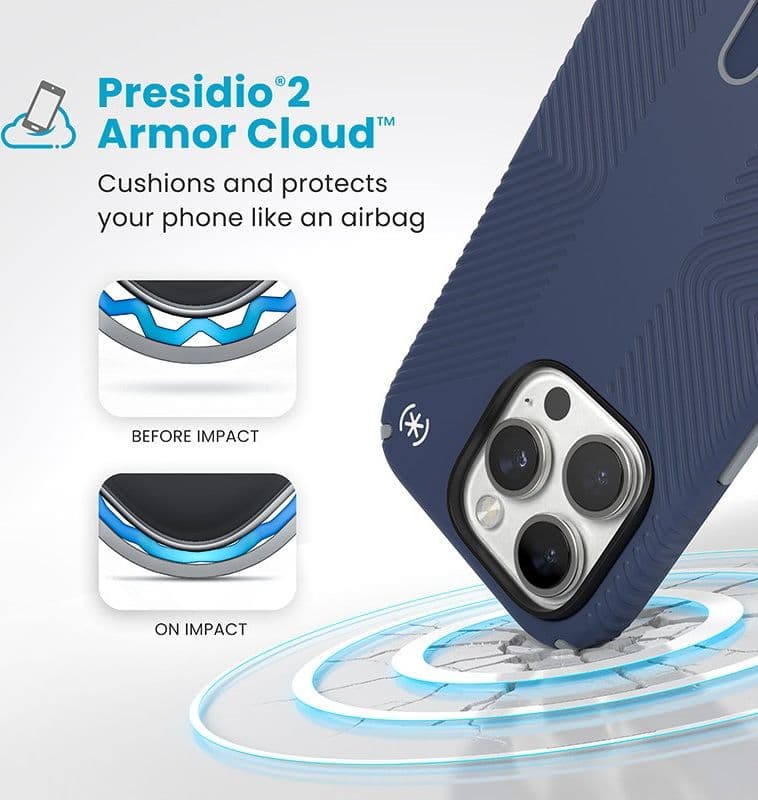 Speck Presidio2 Grip ClickLock e MagSafe - Custodia per iPhone 16 Pro (blu costiero / grigio polvere / bianco) - 14