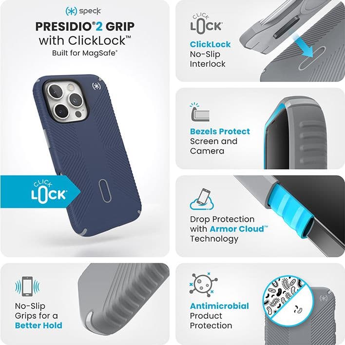 Speck Presidio2 Grip ClickLock e MagSafe - Custodia per iPhone 16 Pro (blu costiero / grigio polvere / bianco) - 3