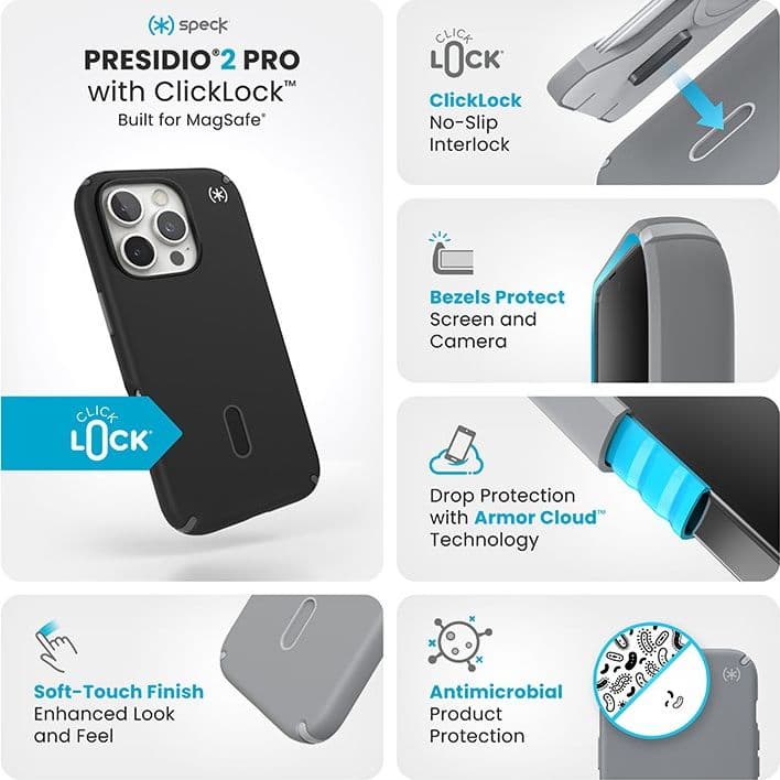Speck Presidio2 Pro ClickLock e MagSafe - Custodia per iPhone 16 Pro (Nero / Grigio Ardesia / Bianco) - 13