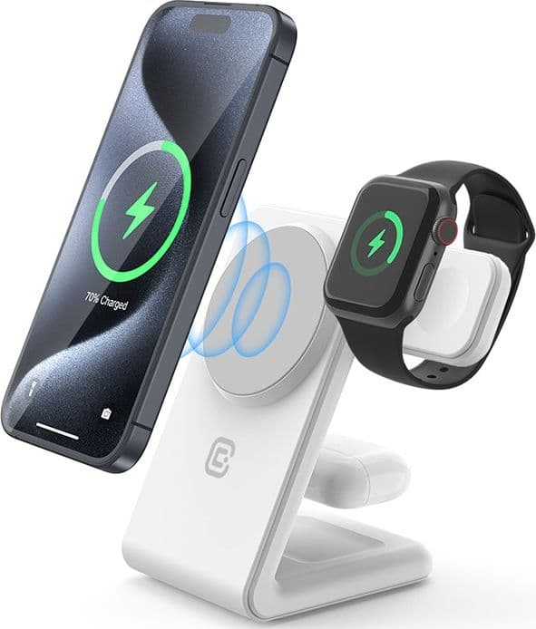 Crong MagSpot Pivot Stand - Caricabatterie wireless 3 in 1 con MagSafe per iPhone, Apple Watch e AirPods (bianco) - 11