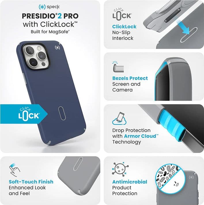 Speck Presidio2 Pro ClickLock e MagSafe - Custodia per iPhone 16 Pro Max (blu costiero / grigio polvere / bianco) - 3