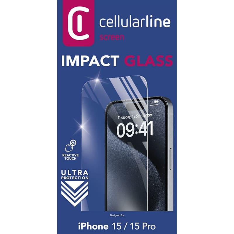 Cellularline Impact Glass - Toughened protective glass for iPhone 15 / iPhone 15 Pro - 4