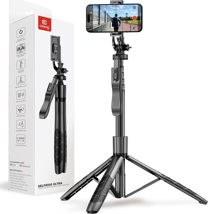 Crong SelfieGo Ultra – Treppiede per selfie Bluetooth in alluminio (nero) - 10