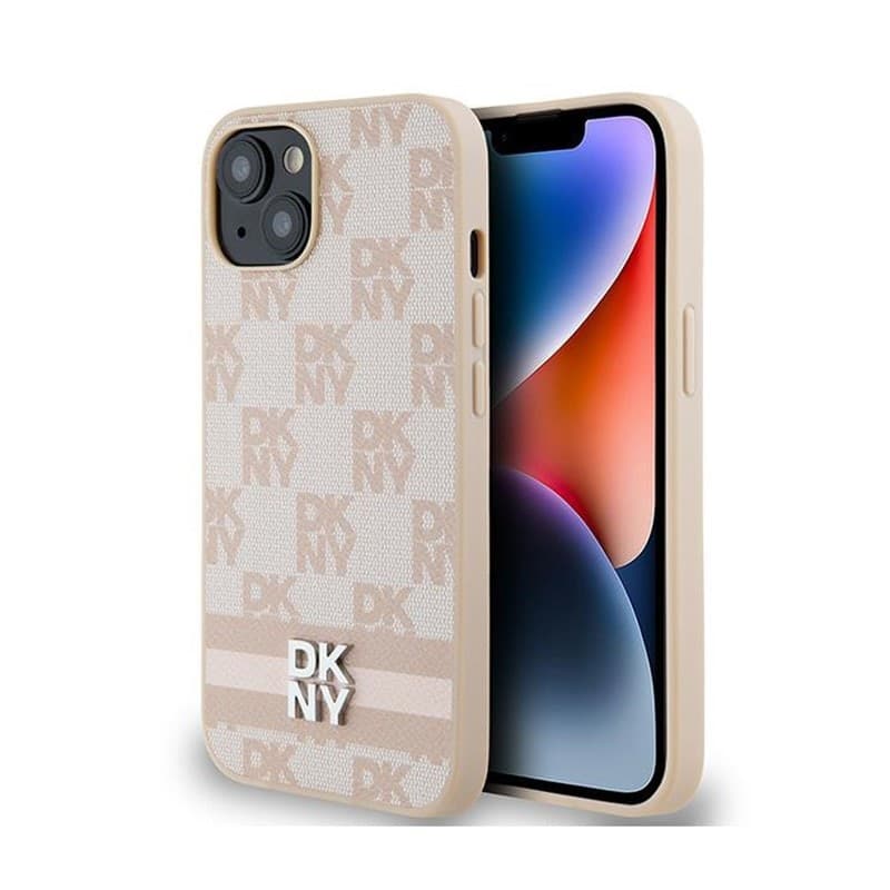 DKNY Leather Checkered Mono Pattern & Printed Stripes - Case for iPhone 14 / 15 / 13 (pink) - 9