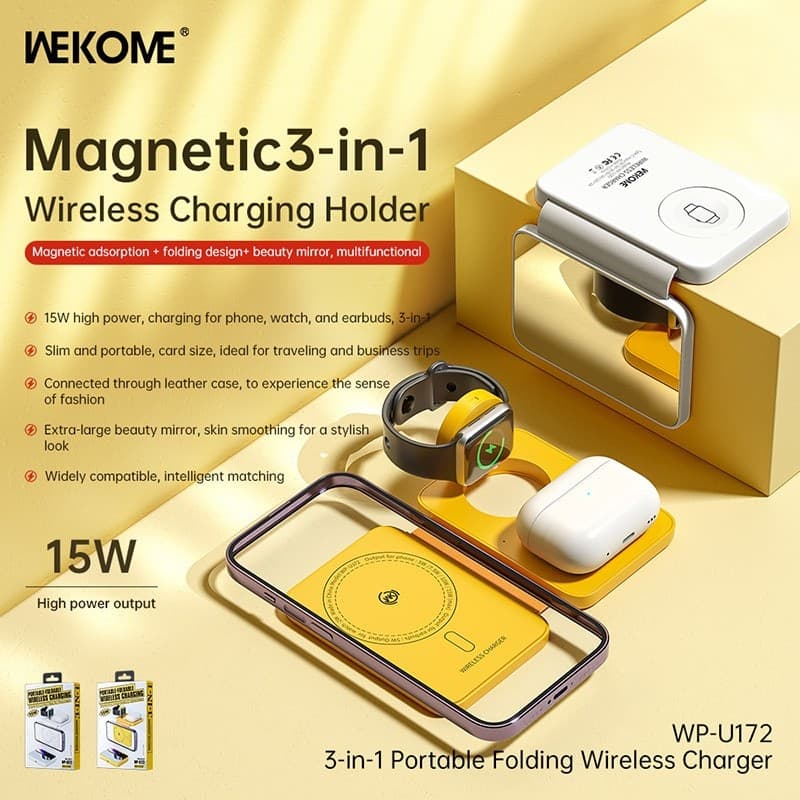 WEKOME WP-U172 - 3-in-1 Wireless Charger with MagSafe for iPhone, Apple Watch, and AirPods + Mirror (Yellow) - 12