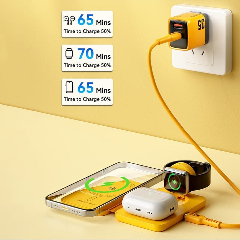 WEKOME WP-U172 - 3-in-1 Wireless Charger with MagSafe for iPhone, Apple Watch, and AirPods + Mirror (Yellow) - 16