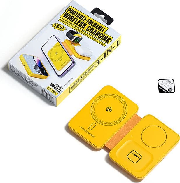 WEKOME WP-U172 - 3-in-1 Wireless Charger with MagSafe for iPhone, Apple Watch, and AirPods + Mirror (Yellow) - 3
