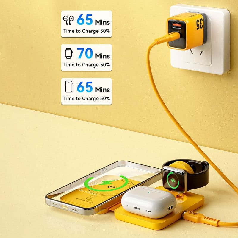 WEKOME WP-U172 - 3-in-1 Wireless Charger with MagSafe for iPhone, Apple Watch, and AirPods + Mirror (Yellow) - 6
