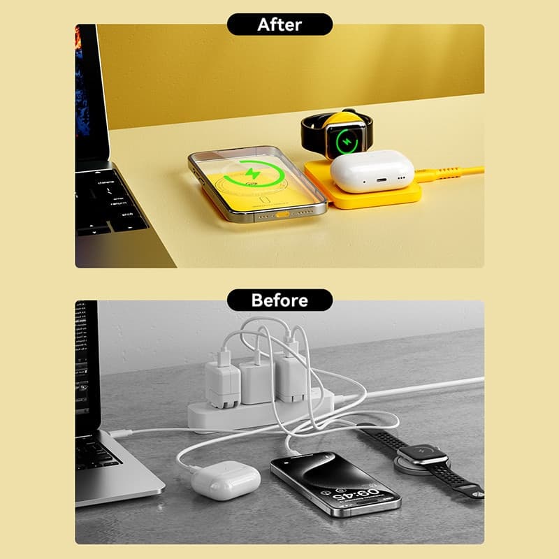 WEKOME WP-U172 - 3-in-1 Wireless Charger with MagSafe for iPhone, Apple Watch, and AirPods + Mirror (Yellow) - 7