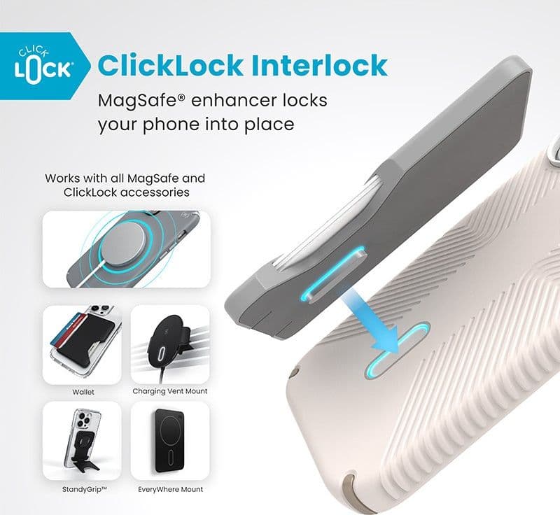 Speck Presidio2 Grip ClickLock e MagSafe - Custodia per iPhone 16 (Osso sbiancato / Oro antico / Marrone nocciola) - 12