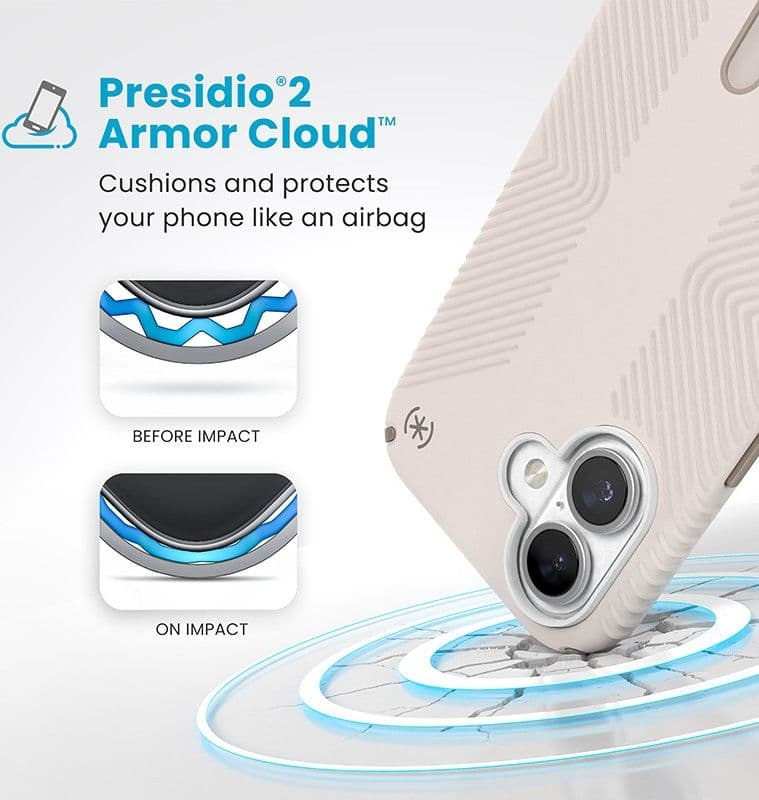 Speck Presidio2 Grip ClickLock e MagSafe - Custodia per iPhone 16 (Osso sbiancato / Oro antico / Marrone nocciola) - 14