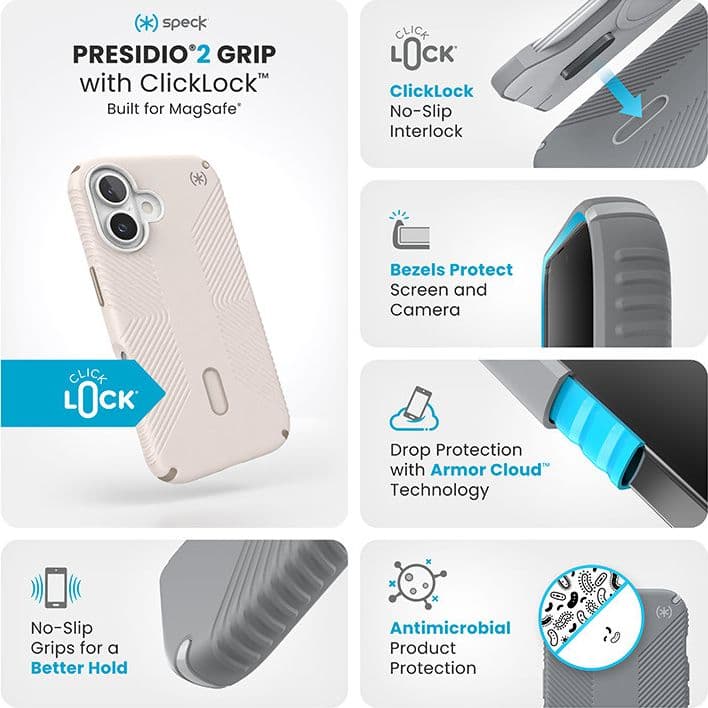 Speck Presidio2 Grip ClickLock e MagSafe - Custodia per iPhone 16 (Osso sbiancato / Oro antico / Marrone nocciola) - 3