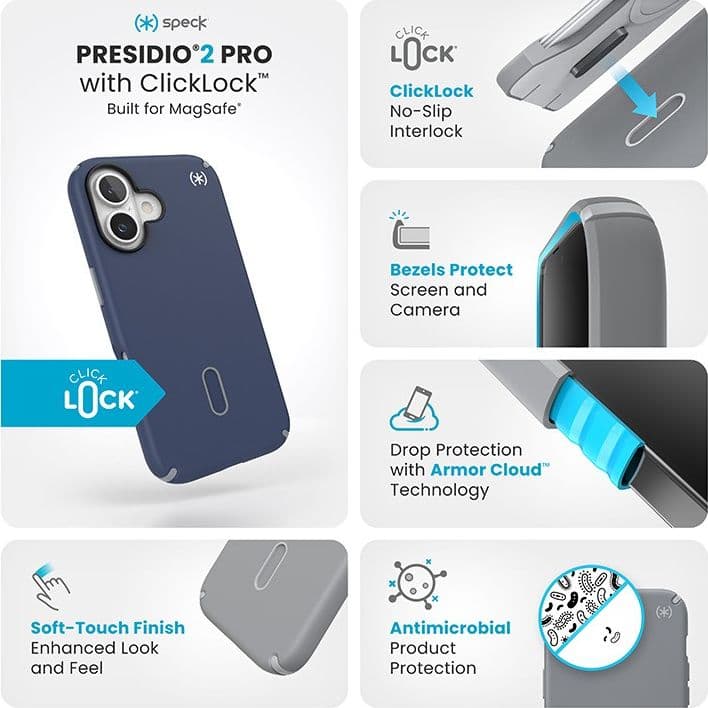 Speck Presidio2 Pro ClickLock e MagSafe - Custodia per iPhone 16 (blu costiero / grigio polvere / bianco) - 13