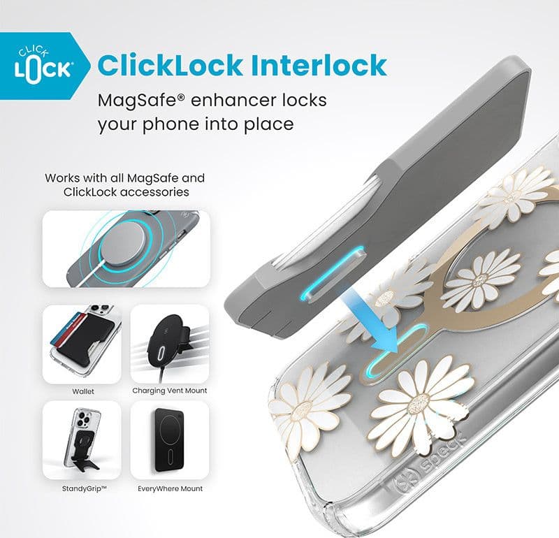 Speck Presidio Lux ClickLock & MagSafe - Custodia per iPhone 16 Plus (Sunshine Daisies / Trasparente / Oro) - 2
