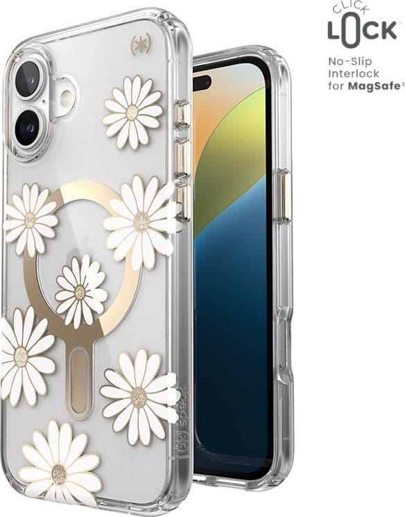 Speck Presidio Lux ClickLock & MagSafe - Custodia per iPhone 16 Plus (Sunshine Daisies / Trasparente / Oro) - 11