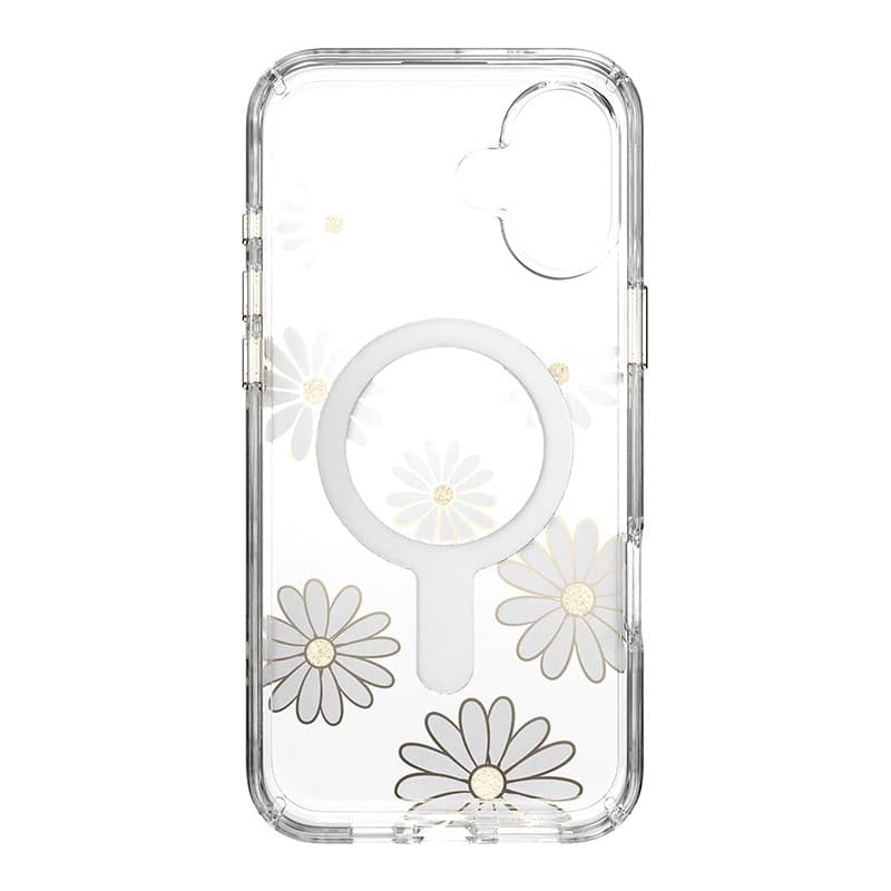 Speck Presidio Lux ClickLock & MagSafe - Custodia per iPhone 16 Plus (Sunshine Daisies / Trasparente / Oro) - 20
