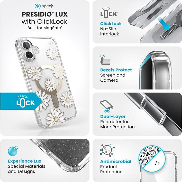 Speck Presidio Lux ClickLock & MagSafe - Custodia per iPhone 16 Plus (Sunshine Daisies / Trasparente / Oro) - 3