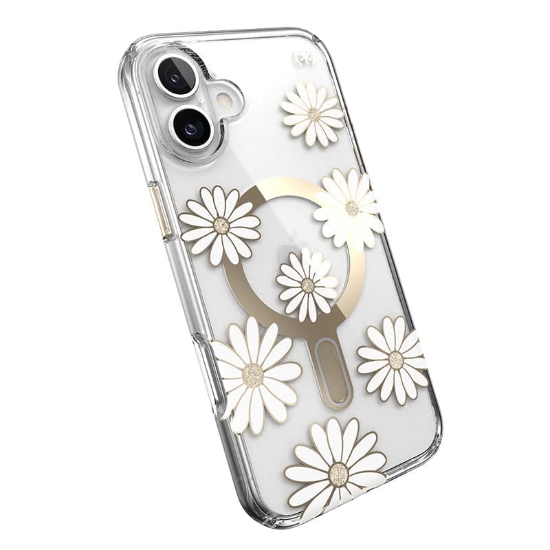 Speck Presidio Lux ClickLock & MagSafe - Custodia per iPhone 16 Plus (Sunshine Daisies / Trasparente / Oro) - 8