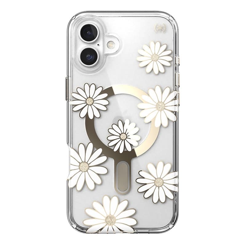 Speck Presidio Lux ClickLock & MagSafe - Custodia per iPhone 16 Plus (Sunshine Daisies / Trasparente / Oro) - 9