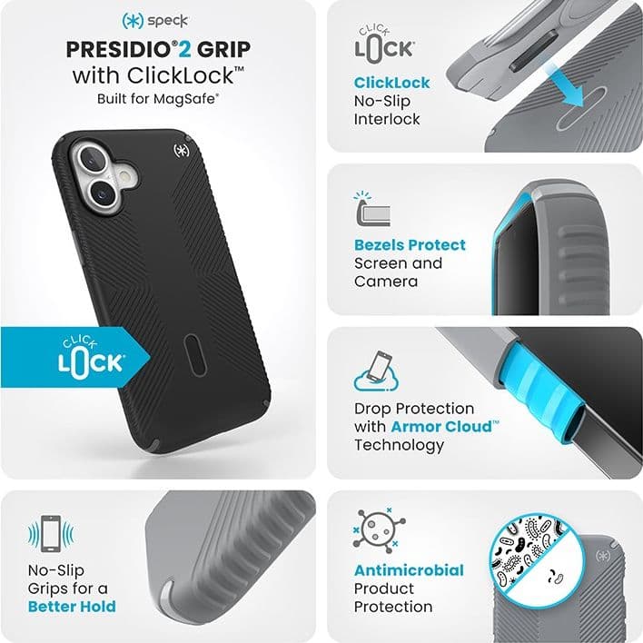 Speck Presidio2 Grip ClickLock e MagSafe - Custodia per iPhone 16 Plus (Nero / Grigio Ardesia / Bianco) - 13
