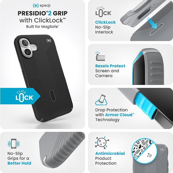 Speck Presidio2 Grip ClickLock e MagSafe - Custodia per iPhone 16 Plus (Nero / Grigio Ardesia / Bianco) - 3