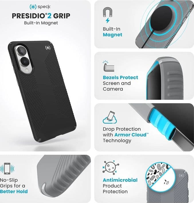 Speck Presidio2 Grip Magnet - Custodia MagSafe per Samsung Galaxy S25 Edge (Nero/Grigio Ardesia/Bianco) - 7