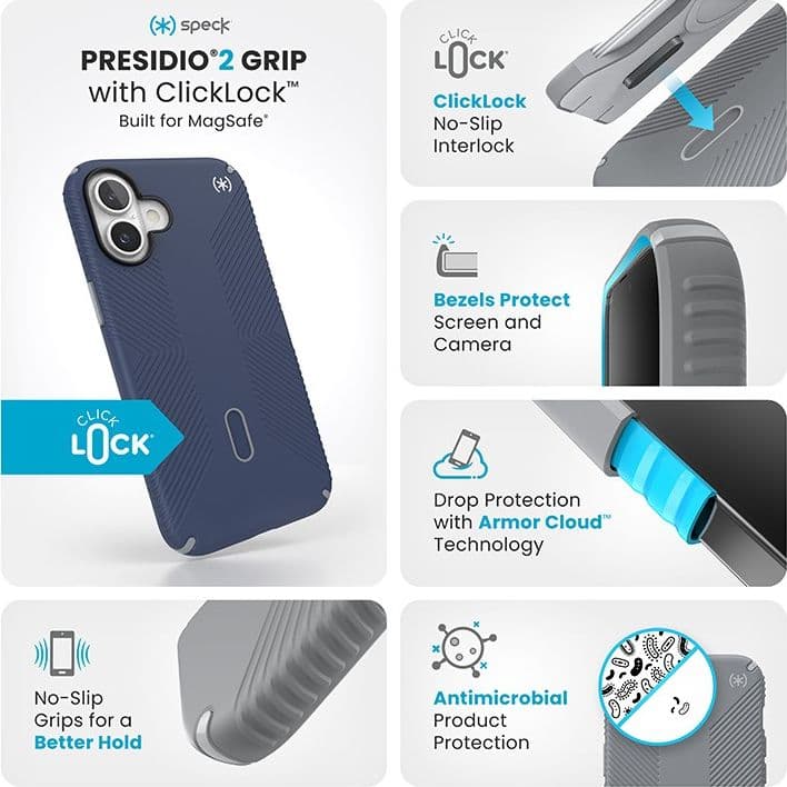 Speck Presidio2 Grip ClickLock e MagSafe - Custodia per iPhone 16 Plus (blu costiero / grigio polvere / bianco) - 13