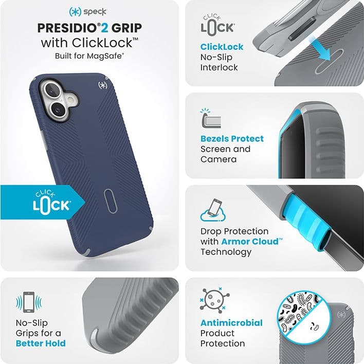 Speck Presidio2 Grip ClickLock e MagSafe - Custodia per iPhone 16 Plus (blu costiero / grigio polvere / bianco) - 3