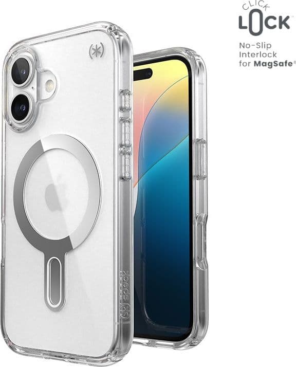Speck Presidio Perfect-Clear ClickLock e MagSafe - Custodia per iPhone 16 (Trasparente / Finitura cromata / Argento Serene) - 11