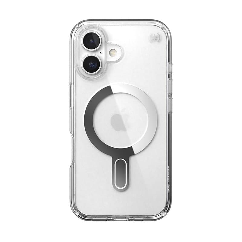 Speck Presidio Perfect-Clear ClickLock e MagSafe - Custodia per iPhone 16 (Trasparente / Finitura cromata / Argento Serene) - 19