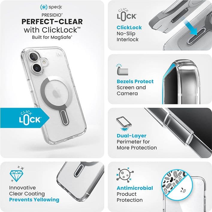 Speck Presidio Perfect-Clear ClickLock e MagSafe - Custodia per iPhone 16 (Trasparente / Finitura cromata / Argento Serene) - 3