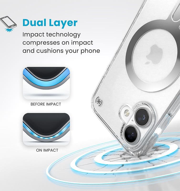 Speck Presidio Perfect-Clear ClickLock e MagSafe - Custodia per iPhone 16 (Trasparente / Finitura cromata / Argento Serene) - 4