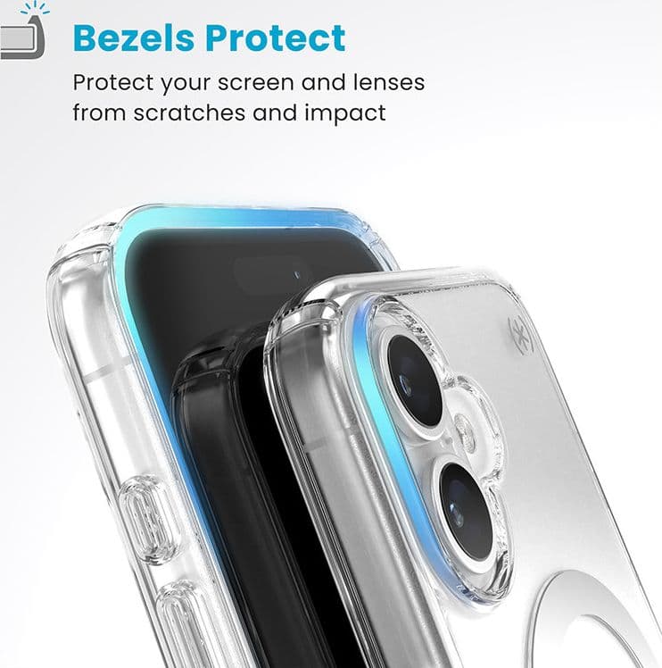 Speck Presidio Perfect-Clear ClickLock e MagSafe - Custodia per iPhone 16 (Trasparente / Finitura cromata / Argento Serene) - 6
