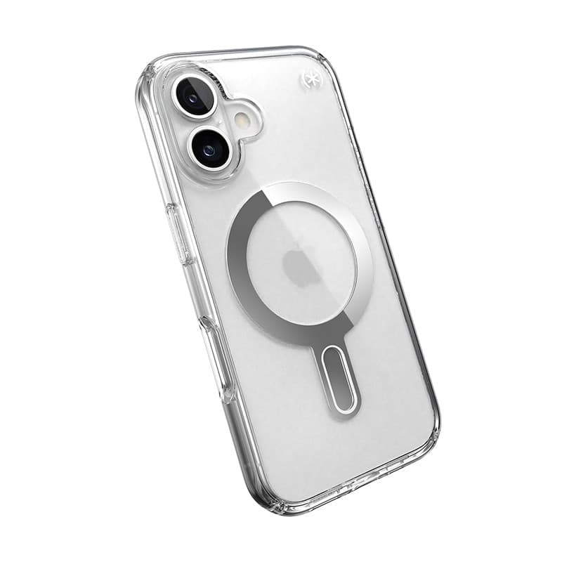 Speck Presidio Perfect-Clear ClickLock e MagSafe - Custodia per iPhone 16 (Trasparente / Finitura cromata / Argento Serene) - 8