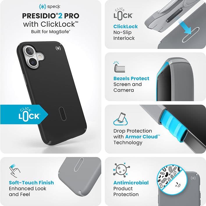 Speck Presidio2 Pro ClickLock e MagSafe - Custodia per iPhone 16 Plus (Nero / Grigio Ardesia / Bianco) - 3