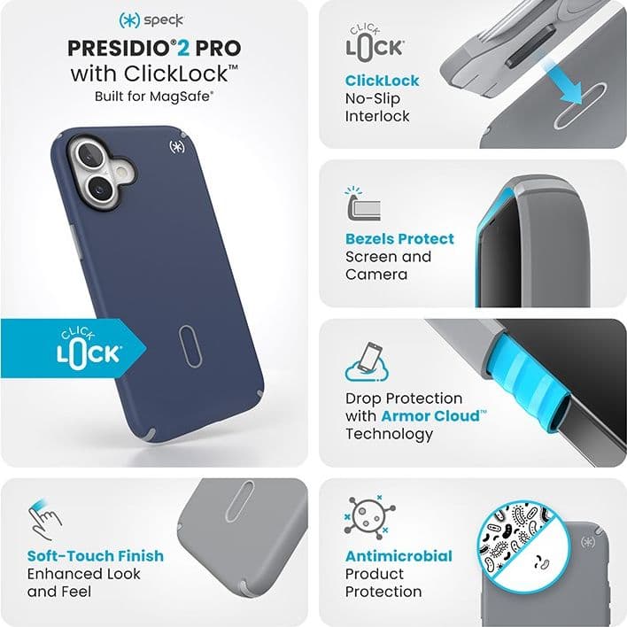 Speck Presidio2 Pro ClickLock e MagSafe - Custodia per iPhone 16 Plus (blu costiero / grigio polvere / bianco) - 13