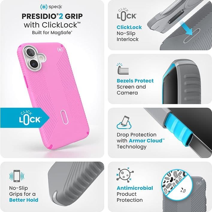 Speck Presidio2 Grip ClickLock e MagSafe - Custodia per iPhone 16 Plus (Rosa puro / Rosa shocking / Bianco) - 13