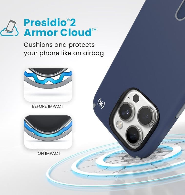 Speck Presidio2 Pro ClickLock e MagSafe - Custodia per iPhone 16 Pro (blu costiero / grigio polvere / bianco) - 14