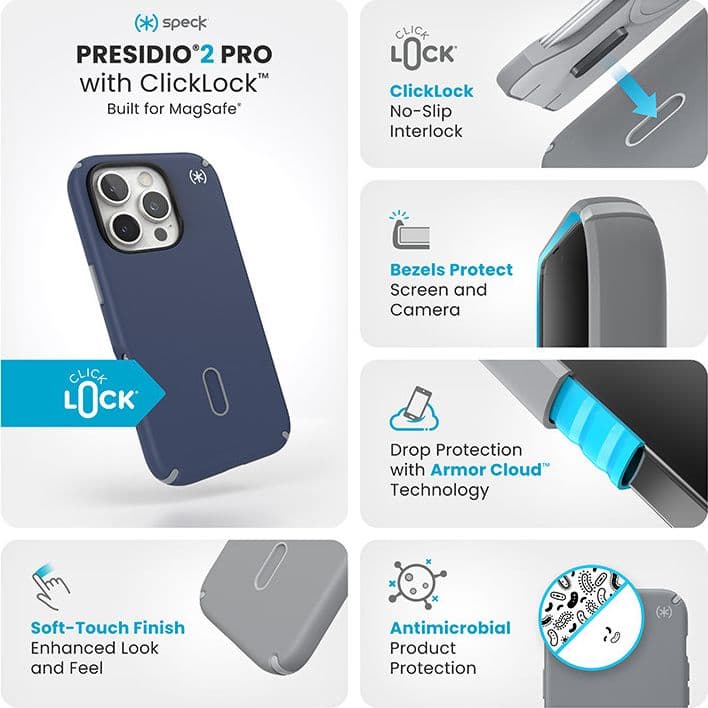 Speck Presidio2 Pro ClickLock e MagSafe - Custodia per iPhone 16 Pro (blu costiero / grigio polvere / bianco) - 3