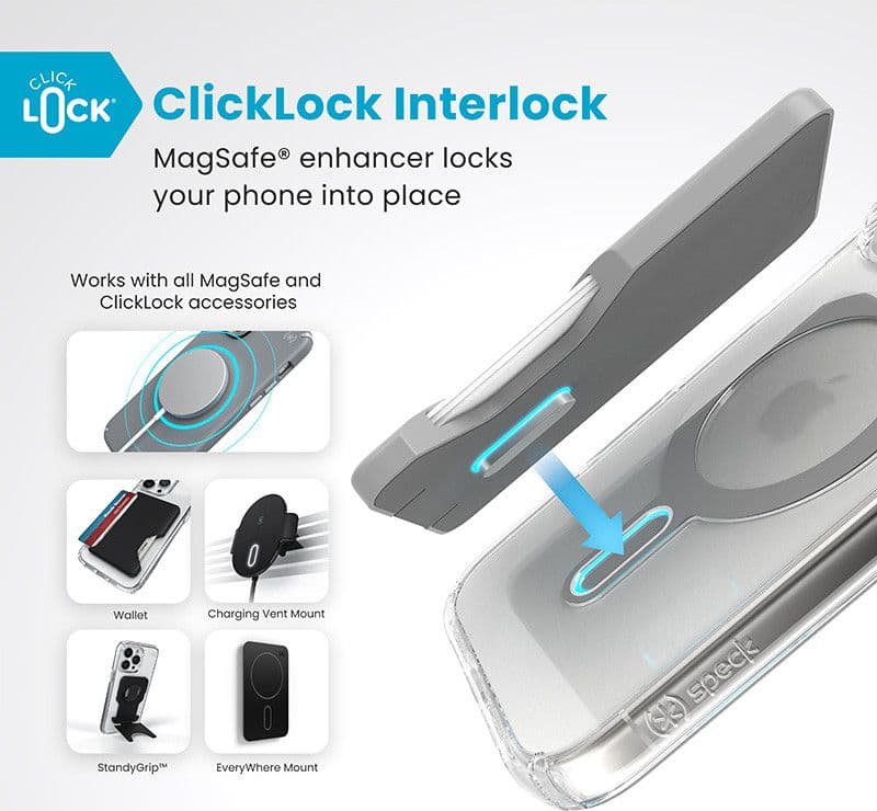 Speck Presidio Perfect-Clear ClickLock e MagSafe - Custodia per iPhone 16 Pro (Trasparente / Finitura cromata / Argento Serene) - 2
