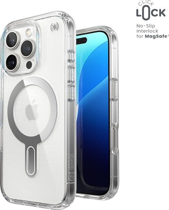 Speck Presidio Perfect-Clear ClickLock e MagSafe - Custodia per iPhone 16 Pro (Trasparente / Finitura cromata / Argento Serene) - 11