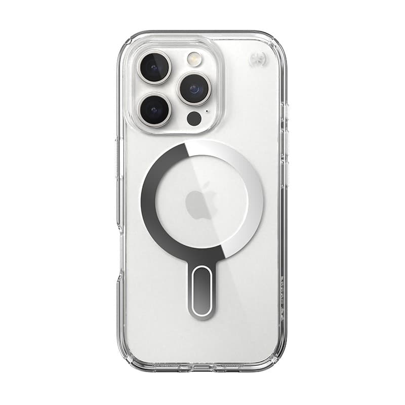 Speck Presidio Perfect-Clear ClickLock e MagSafe - Custodia per iPhone 16 Pro (Trasparente / Finitura cromata / Argento Serene) - 19