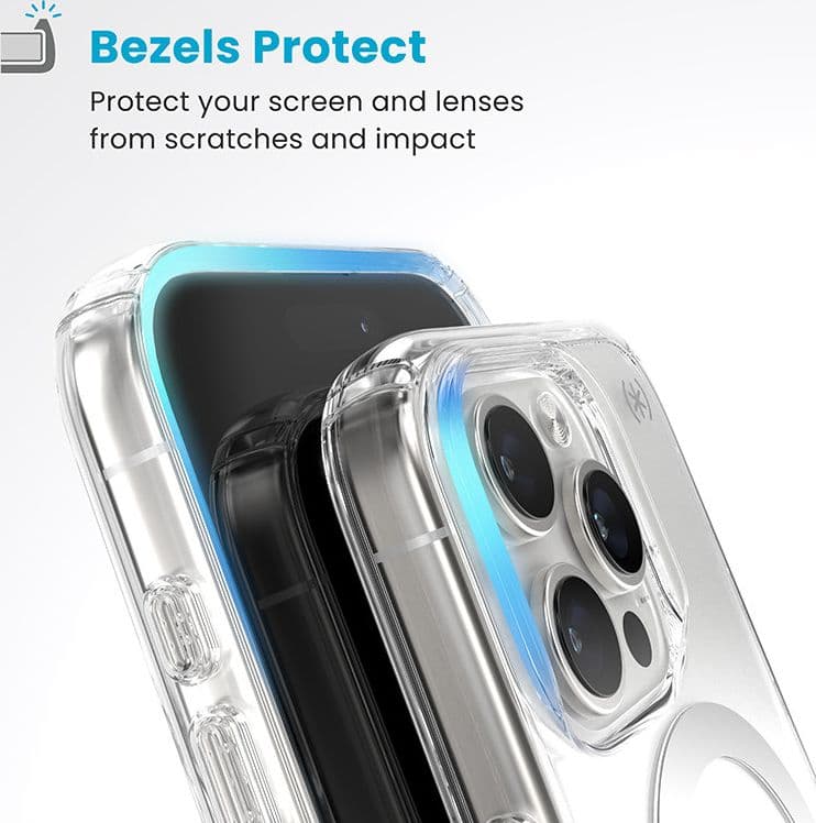 Speck Presidio Perfect-Clear ClickLock e MagSafe - Custodia per iPhone 16 Pro (Trasparente / Finitura cromata / Argento Serene) - 6
