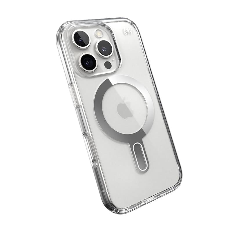 Speck Presidio Perfect-Clear ClickLock e MagSafe - Custodia per iPhone 16 Pro (Trasparente / Finitura cromata / Argento Serene) - 8