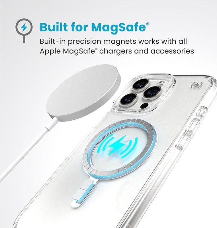 Speck Presidio Perfect-Clear MagSafe - Custodia per iPhone 16 Pro Max (Trasparente / Finitura cromata / Argento Serene) - 13