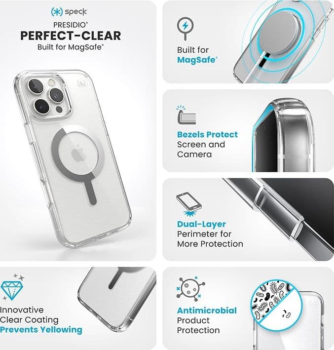 Speck Presidio Perfect-Clear MagSafe - Custodia per iPhone 16 Pro Max (Trasparente / Finitura cromata / Argento Serene) - 16