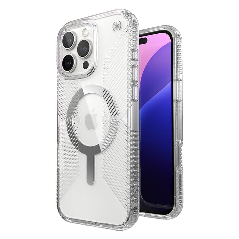 Speck Presidio Perfect-Clear Grip MagSafe - Custodia per iPhone 16 Pro Max (Trasparente / Finitura cromata / Argento Sereno) - 11